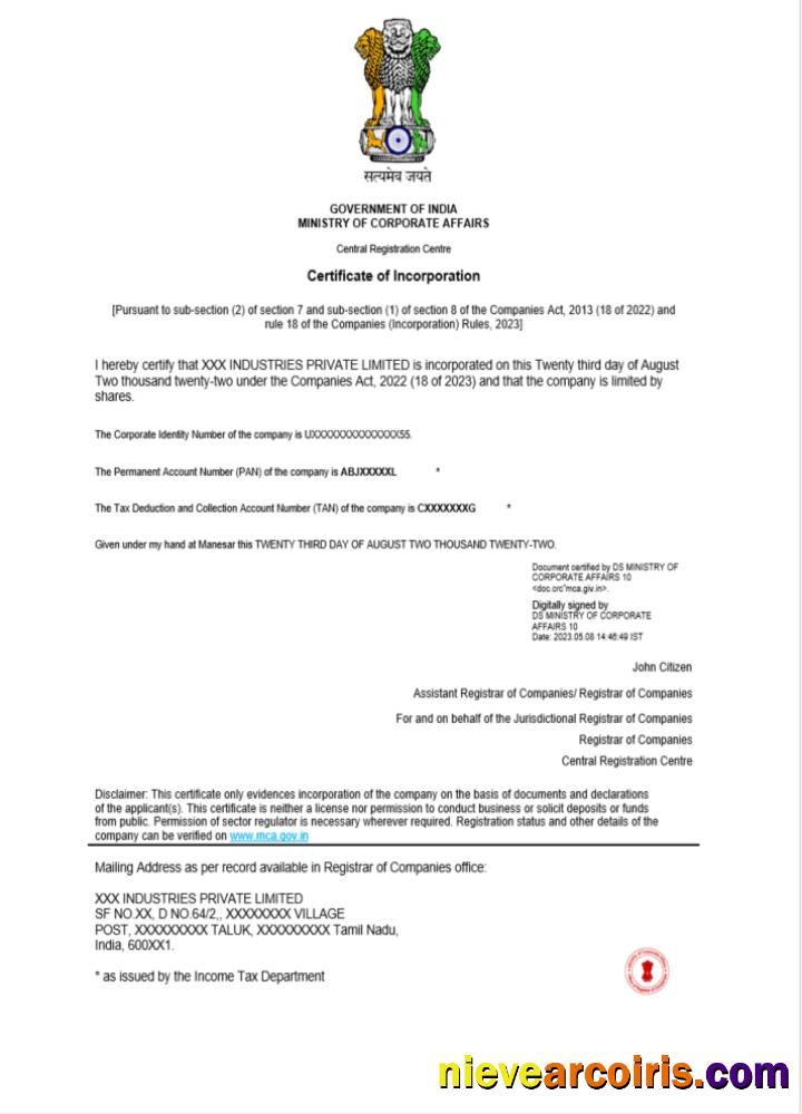 India certificate of incorporation registration, version 2